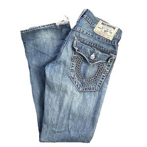 True Religion Jeans Men's 30 Blue Bootcut Distressed Denim Flap Pockets Made USA